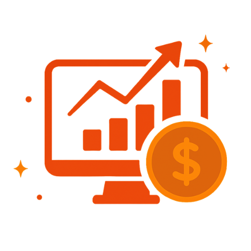 Ilustração de gráfico financeiro subindo em tela de computador com moedas ao redor como resultado de automações inteligentes